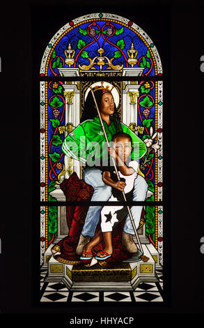 Stained-glass window entitled Madonna and Child (2016) by African-American contemporary painter Kehinde Wiley displayed at his exhibition in the Petit Palais in Paris, France. The exhibition runs till 15 January 2017. Stock Photo