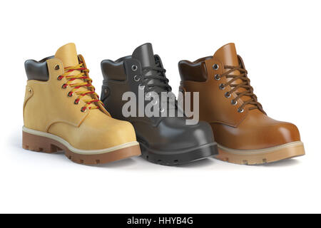 Different winter boots on a white background. Shoe shop or marketing concept. 3d illustration Stock Photo