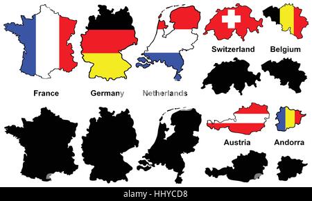 set of different European maps with flags isolated Stock Vector