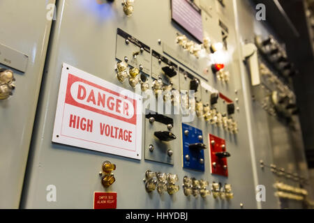 Military ship high voltage control panel. Stock Photo