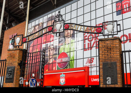 Close-up of the Paisley Gates in front of The Kop Stand at Liverpool Football Club. Stock Photo