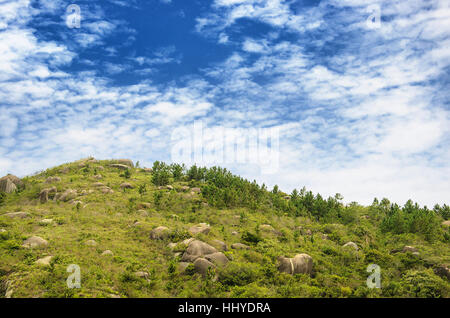 Mountain peak with several large rocks on the ground amidst green vegetation. Wonderful view with a deep blue background Stock Photo