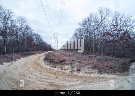 dirt road used by four wheelers and motorcycles to travel along the power lines in Eastern Long Island Stock Photo