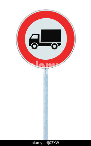 European No Goods Vehicles Warning Road Sign, Isolated Vertical Closeup Stock Photo