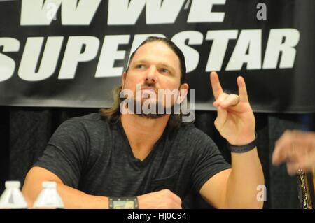 Pittsburgh, USA. 20th January, 2017. WWE wrestler and world champion AJ Styles makes a guest appearance at World of Wheels in Pittsburgh were he signed autographs and posed for pictures with fans. Credit: Chris Hayworth/Alamy Live News Stock Photo