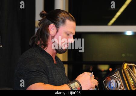 Pittsburgh, USA. 20th January, 2017. WWE wrestler and world champion AJ Styles makes a guest appearance at World of Wheels in Pittsburgh were he signed autographs and posed for pictures with fans. Credit: Chris Hayworth/Alamy Live News Stock Photo