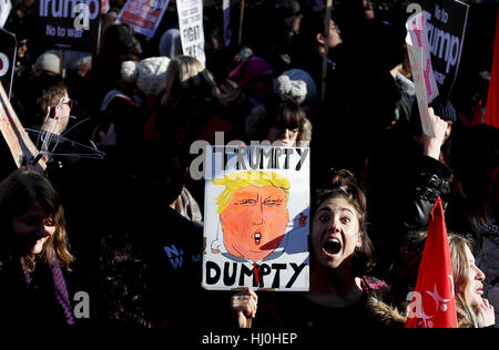 London, UK. 21st Jan, 2017. Protesters hold placards during the Women's March in London, England on Jan. 21, 2017. The Women's March originated in Washington DC but soon spread to be a global march calling on all concerned citizens to stand up for equality, diversity and inclusion and for women's rights to be recognised around the world as human rights. Credit: Han Yan/Xinhua/Alamy Live News Stock Photo