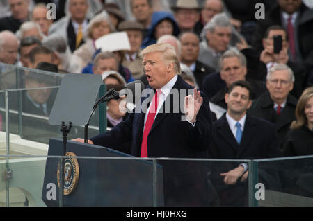 Washington, USA. 20th Jan, 2017. U.S. President Donald Trump delivers his Inaugural Address after taking the oath of office to become President of the United States during the inauguration ceremony at the U.S. Capitol in Washington, DC, the United States, on Jan. 20, 2017. Donald Trump was sworn in on Friday as the 45th President of the United States. Credit: charlie archambault/Alamy Live News