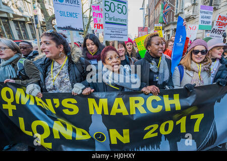 London, UK. 21st January, 2017. The march heads off from outside the US Embassy - Women's March on London - a grassroots movement of women has organised marches around the world to assert the 'positive values that the politics of fear denies' on the first day of Donald Trump’s Presidency. Their supporters include: Amnesty International, Greenpeace, ActionAid UK, Oxfam GB, The Green Party, Pride London, Unite the Union, NUS, 50:50 Parliament, Stop The War Coalition, CND. Credit: Guy Bell/Alamy Live News Stock Photo