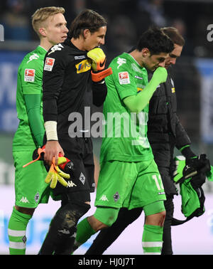 Darmstadt, Germany. 21st Jan, 2017. Moenchengladbach's Oscar Wendt (l-r), goal keeper Yann Sommer and Lars Stindl leave the field after the German Bundesliga soccer match between SV Darmstadt 98 and Borussia Moenchengladbach in the Jonathan-Heimes-Stadion am Boellenfalltor in Darmstadt, Germany, 21 January 2017. (EMBARGO CONDITIONS - ATTENTION - Due to the accreditation guidelines, the DFL only permits the publication and utilisation of up to 15 pictures per match on the internet and in online media during the match) Photo: Arne Dedert/dpa/Alamy Live News Stock Photo