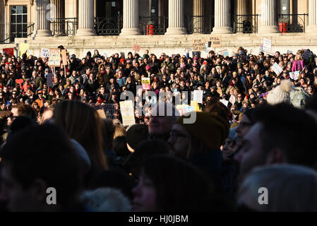 London, UK. 21st Jan, 2017. Protesters at the Women's March to oppose Donald Trump gathered at Trafalgar Square after marching through London The march began at the US Embassy in Grosvenor Square. Credit: Jacob Sacks-Jones/Alamy Live News.