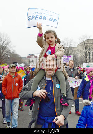 Washington, USA. 21st January, 2017. Aaron Dorfman of New York, President of Lippman Kanfer Foundation for Living Torah, and his daughter, Dami Milgrom-Dorfman, 4, join the National Council of Jewish Women and other Jewish organizations on the National Mall during the Women's March on Washington, January 21, 2016. Credit: Ron Sachs/CNP /MediaPunch