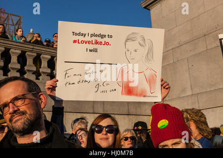 London, United Kingdom, 21st January 2017: Following Donald Trump's inauguration on 20th January, 100,000 protesters have marched in London to express their opposition to his controversial presidency. Demonstrators walked from the American Embassy in Grosvenor Square, to Trafalgar Square, and the Women's March on London was one of hundreds of protests taking place in major cities around the world on Saturday. Credit: galit seligmann/Alamy Live News Stock Photo