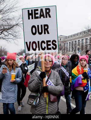 Washington, USA. 21st, January 2017.  Women's March draws  thousands to Washington, DC, just one day after the Presidential Inauguration celebrations of Donald Trump. Credit: B Christopher/Alamy Live News Stock Photo