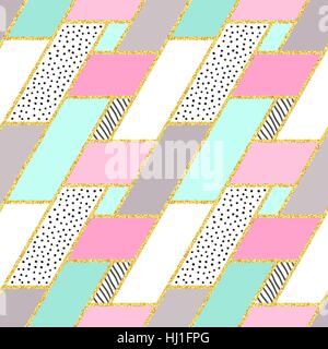 Abstract hand drawn geometric seamless pattern, sharpen textures, brush painted elements. Cute labels template. Gold, blue, pink, gray and white colors. Stock Vector