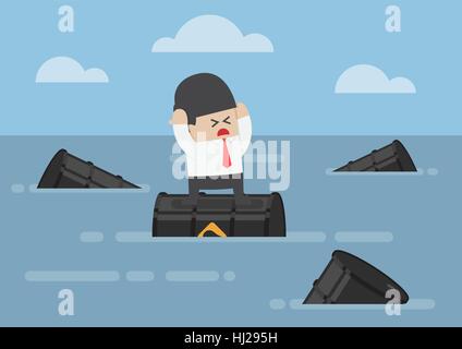 Businessman standing on oil barrels in the ocean, oil crisis concept Stock Vector