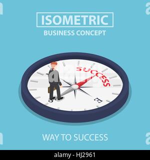 Isometric businessman standing on compass that pointing to success way, motivation concept Stock Vector