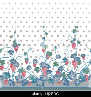 Vertical Seamless green floral pattern with grape, leaves and flowers. Hand drawn texture for clothes, bedclothes, invitation, card design etc. Stock Vector