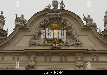 VIENNA, AUSTRIA - JANUARY 1 2016: Architectural close up of the facade Schloss Belvedere in Vienna, with its coat of arms with lions Stock Photo