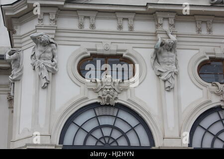 VIENNA, AUSTRIA - JANUARY 1 2016: Architectural close up of the facade of Schloss Belvedere in Vienna in a snowy day Stock Photo