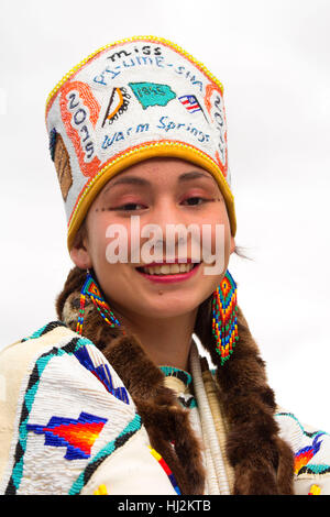 Young woman in regalia, Pi-Ume-Sha Treaty Days, Warm Springs Indian Reservation, Oregon Stock Photo