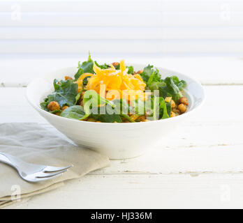 Buddha Bowl with Sweet Potato, Harissa Spiced Chickpeas, Butternut Noodles, Red pepper and Walnut Dip Stock Photo