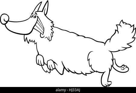 Black and White Cartoon Illustration of Funny Running Shaggy Dog for Coloring Book Stock Photo