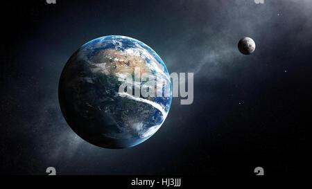 Earth and moon in space with milky-way ( Elements of this 3D render furnished by NASA - Texture map from http://visibleearth.nasa.gov ) Stock Photo