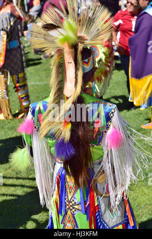 Navaho Native American Indian wearing traditional ceremonial costume at Prescott Inter-tribal Pow Wow Arizona Stock Photo