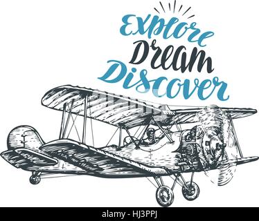 Retro biplane. Airplane sketch. Travel vector illustration Stock Vector