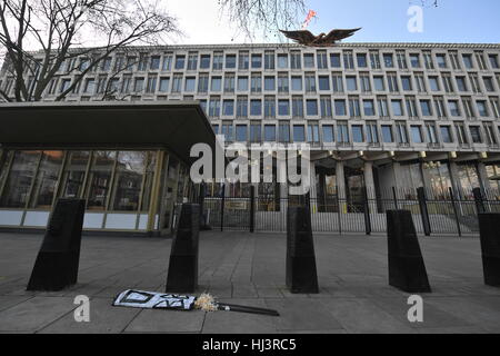 General view of the Embassy of the United States of America in London, where protests took place yesterday, as Theresa May has insisted being a female Prime Minister and the first foreign leader to meet Donald Trump since his inauguration will be the 'biggest statement' she can make about the role of women in the world. Stock Photo