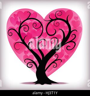 Swirly tree with pink hearts vector illustration Stock Vector