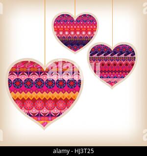 Three hanging, patterned hearts vector illustration. Stock Vector