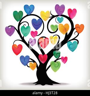 Colorful hearts on a curly heart shaped tree vector illustration. Stock Vector