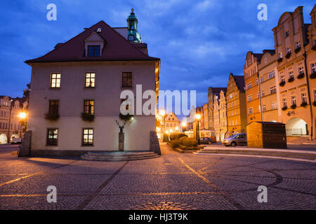 City of Jelenia Gora in Poland, Old Town Market Square by night Stock Photo