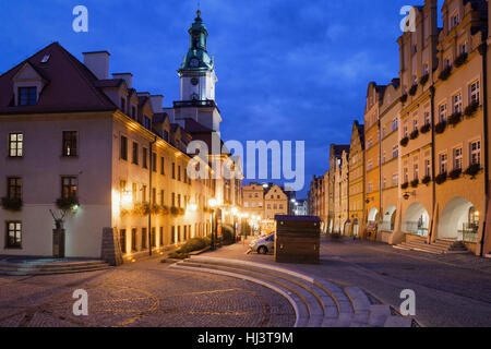 City of Jelenia Gora in Poland, Old Town Market Square by night Stock Photo