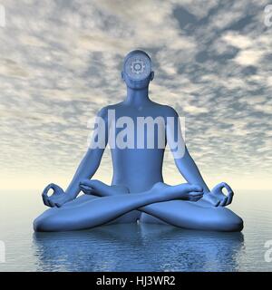 Silhouette of a man meditating with deep blue ajna or third-eye chakra symbol upon ocean in cloudy background - 3D render Stock Photo