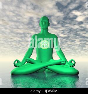 Silhouette of a man meditating with Green anahata or heart chakra symbol upon ocean in cloudy background - 3D render Stock Photo