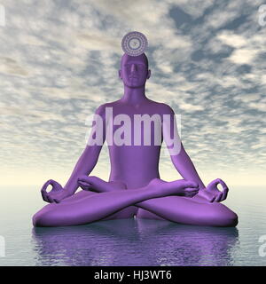 Silhouette of a man meditating with violet purple sahasrara or crown chakra symbol upon ocean in cloudy background - 3D render Stock Photo