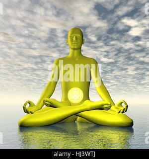 Silhouette of a man meditating with yellow manipura or solar plexus-navel chakra symbol upon ocean in cloudy background - 3D render Stock Photo