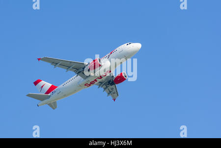 Turbojet airplane Airbus A319-112 of Austrian Airlines - flag carrier of Austria taking off from Munich international airport. Stock Photo