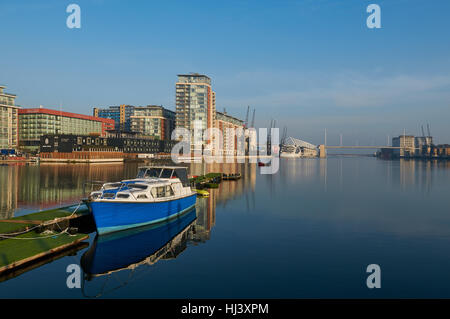 Royal Victoria Dock London Docklands in  January with blue sky Stock Photo