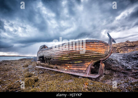 An old abandoned fishing vessel from the early 1900's rests on a remote beach as it rots, exposing the ship's wooden ribs and hull infrastructure.