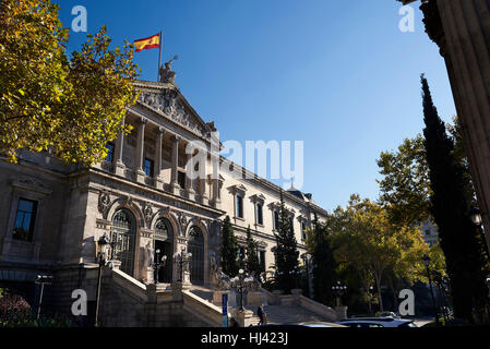 Spanish Flag on the Roof of the National Library, Paseo de Recoletos, Madrid, Spain. Europe,  architecture and art Stock Photo