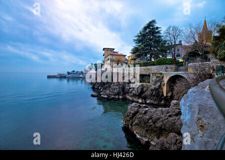 Town of Lovran coast and Lungomare walkway view, Kvarner bay of Croatia Stock Photo