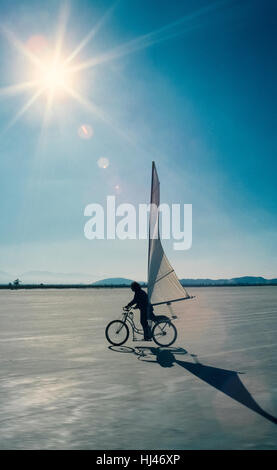 A young man has adapted his bicycle with a sail to speed across the flat and vast El Mirage Dry Lake in the Mojave Desert in San Bernardino County, California, USA. Land sailing in the United States became a popular recreational sport in the 1970s. More common than bicycles for such sailing are low-riding three-wheeled vehicles known as land yachts or sand yachts. Stock Photo