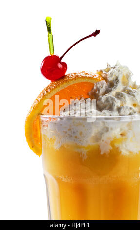 Orange juice with vanilla ice cream and cherry, isolated on white Stock Photo