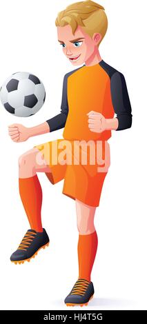 Vector young football or soccer player boy playing with ball. Stock Vector
