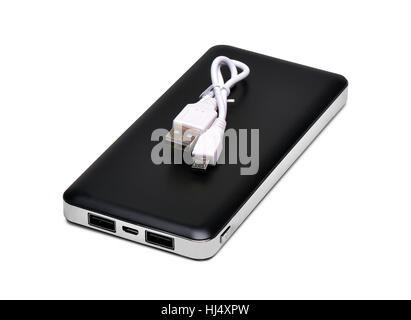 Black portable external power bank, for emergency phone recharge isolated on white with clipping path Stock Photo