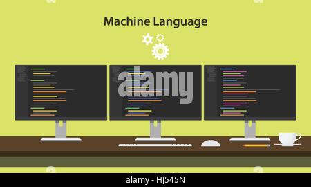 machine learning concept vector illustration with three monitors on top of table Stock Vector
